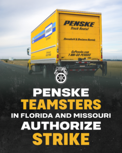 Yellow Penske truck on an open road with bold white text reading ‘PENSKE’ and ‘TEAMSTERS’ over a dark gradient, announcing a strike authorization.