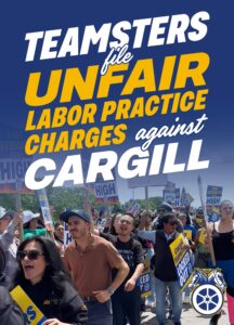 FD_Cargill_Social_DL_v01jpg - USA Works - USA Works Crowd of protesters holding signs in blue and yellow at a demonstration, with bold white and yellow text overlay about unfair labor charges; the lower right shows a blue-and-white logo wheel.