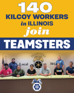 Banner-style poster announcing 140 Kilcoy workers in Illinois joining the Teamsters, with a group of workers posed at a table beneath union logos and emblems.
