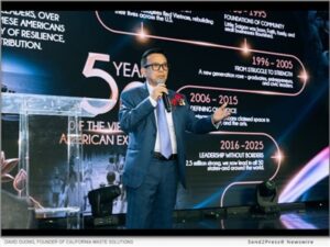 IMAGE CAPTION: David Duong, Founder of California Waste Solutions, addresses attendees at a Vietnamese American Business Association (VABA) event celebrating 50 years of the Vietnamese American community in the United States and honoring its journey of resilience, achievement, and gratitude to America.